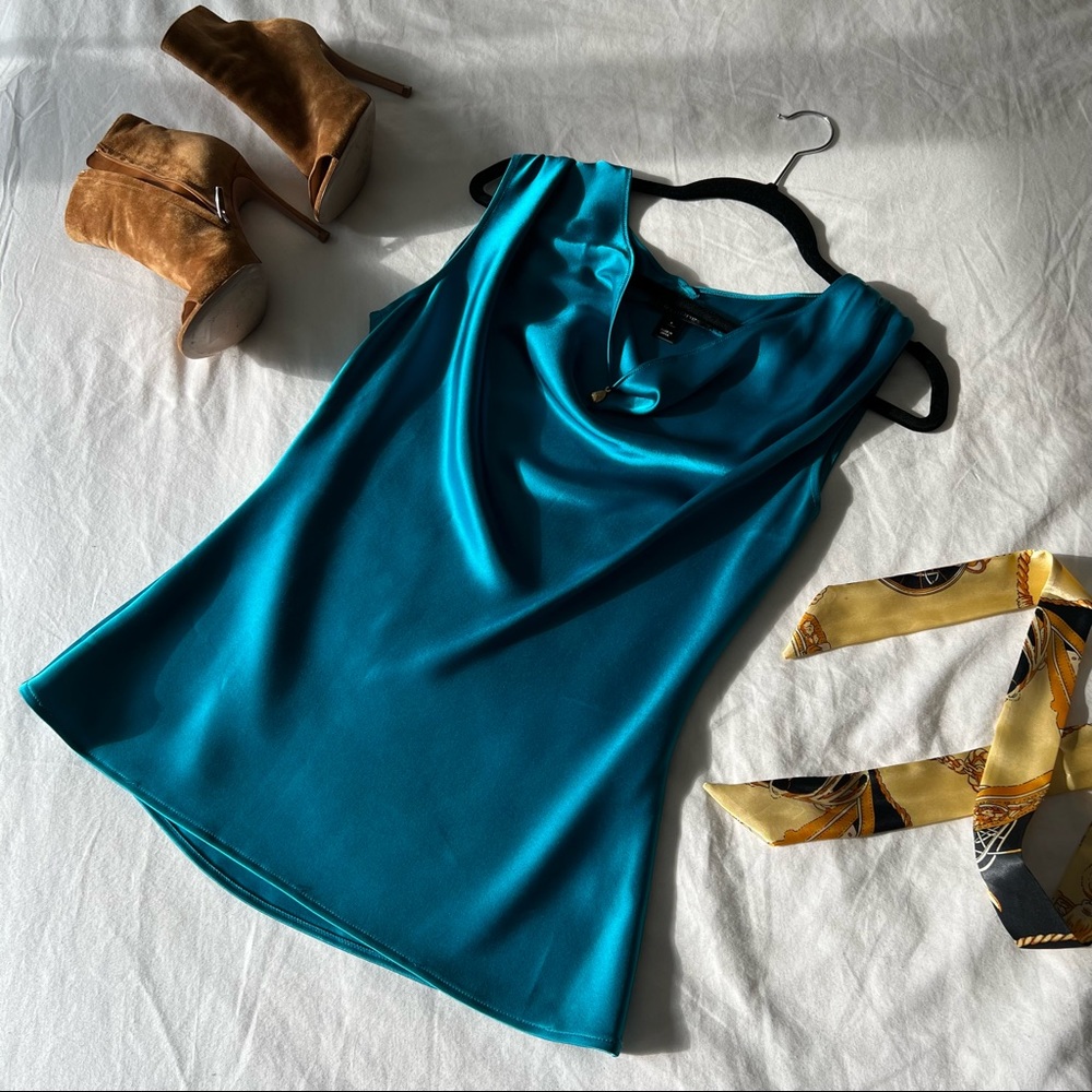 {st. john} teal silk cowl neck sleeveless top